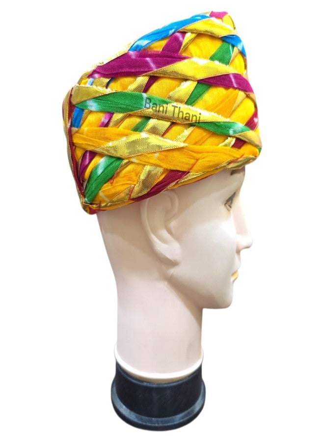 BANI THANI Authentic Rajasthani Jaipuri Pagdi for Men's & Women's Traditional Round Turban for Wedding or Any Party Events or Festival, Freesize Pagdi Support Upto 22inch head size (Yellow Multi Colour) - Image 3